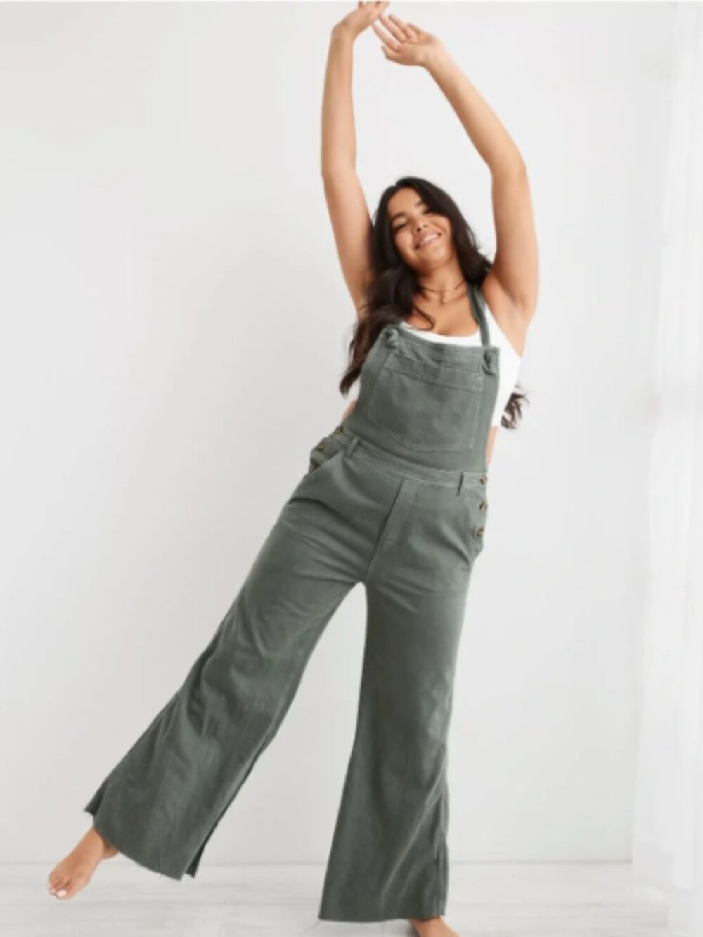 aerie Olive Green Denim Overalls Jumpsuit